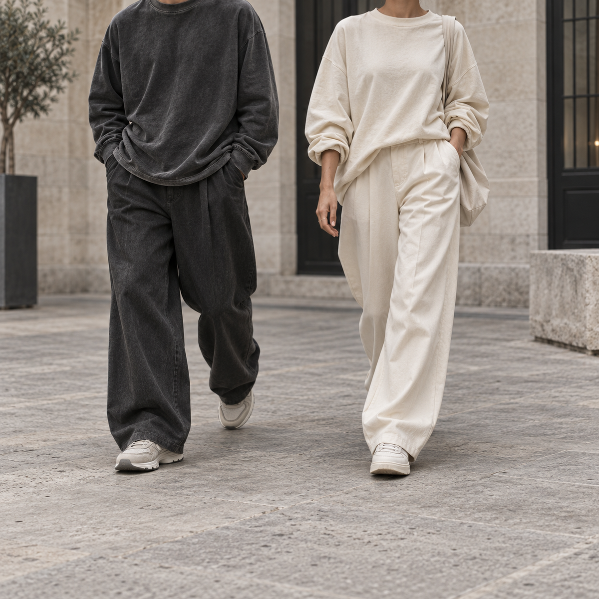 Nouveautés Le Clika : silhouettes streetwear crème et anthracite.