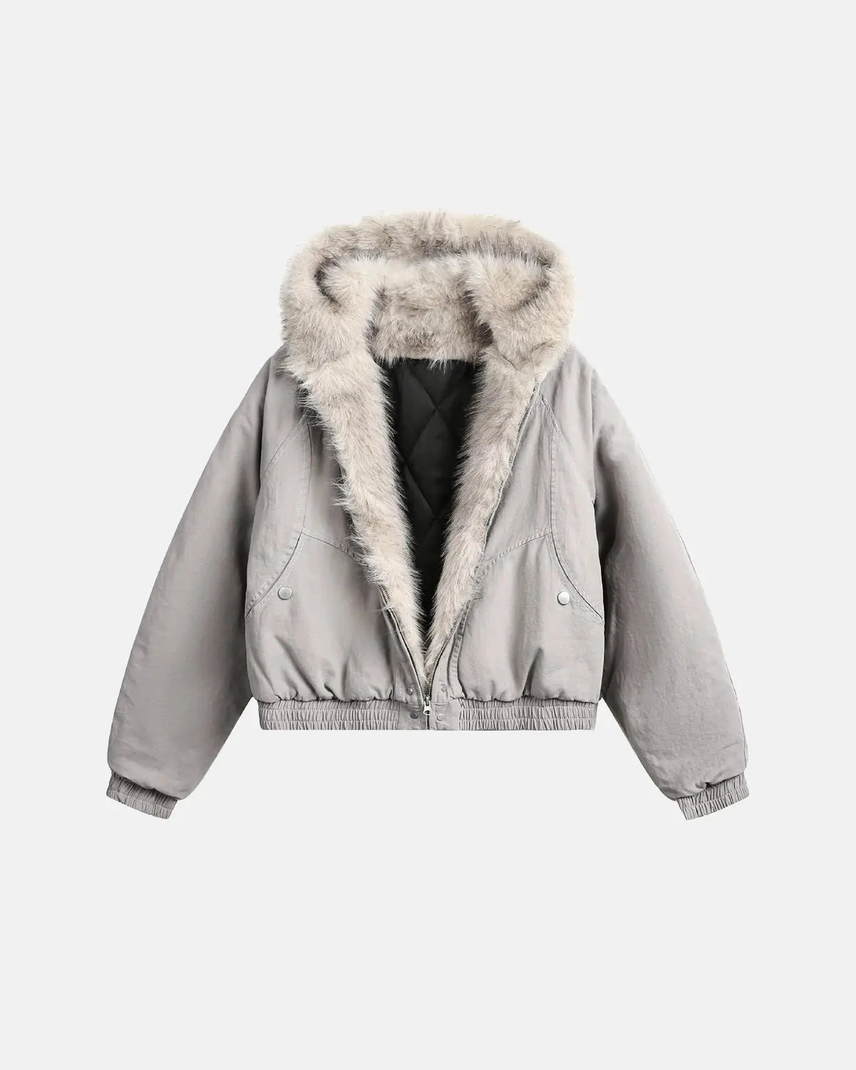 Blouson court zippé à capuche en fausse fourrure – vue 1