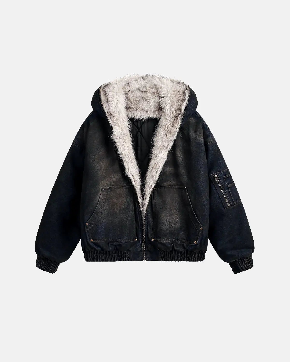 Blouson délavé à capuche bordée de fausse fourrure – vue 1