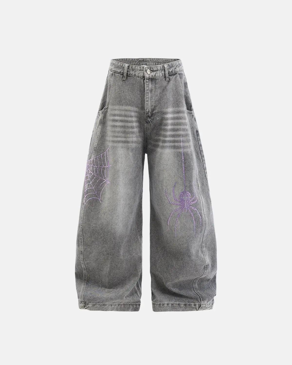 Jean baggy barrel gris à strass et motif araignée – vue 1