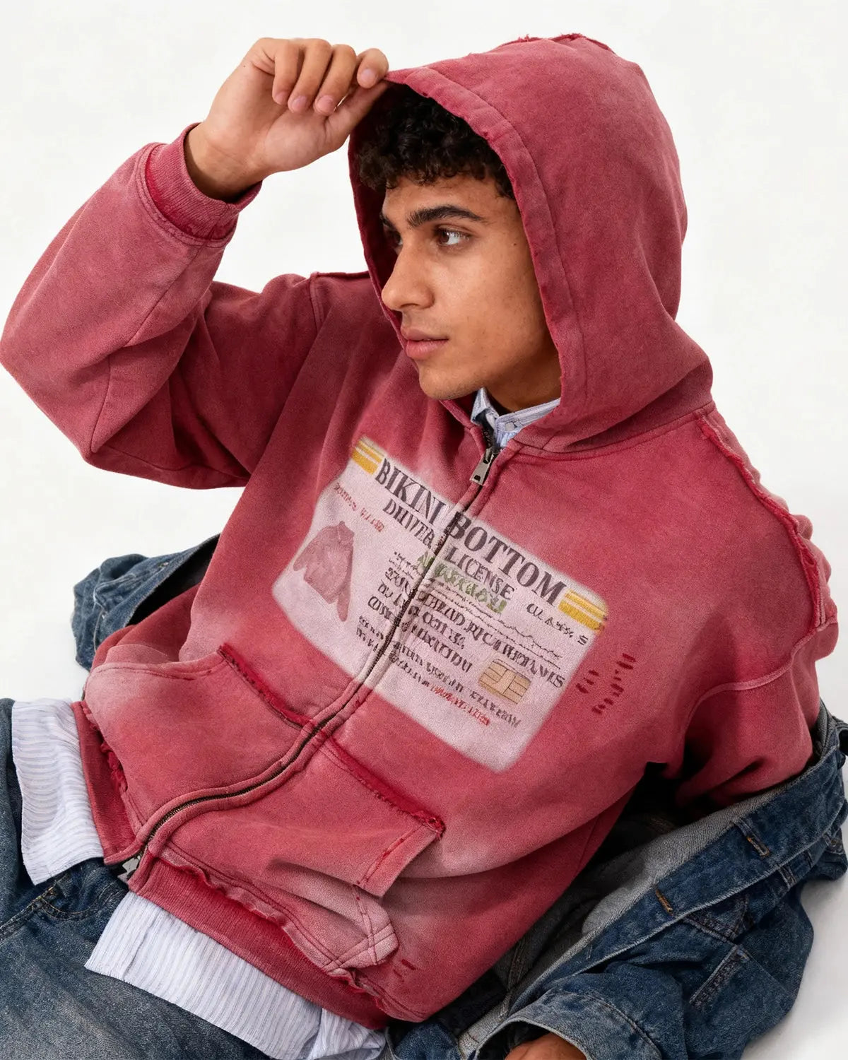 Sweat à capuche zippé graphique à détails usés – vue 2