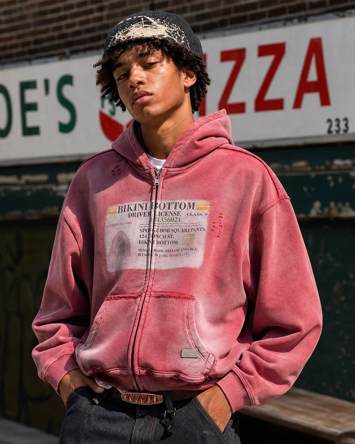 Sweat à capuche zippé graphique à détails usés – vue 6