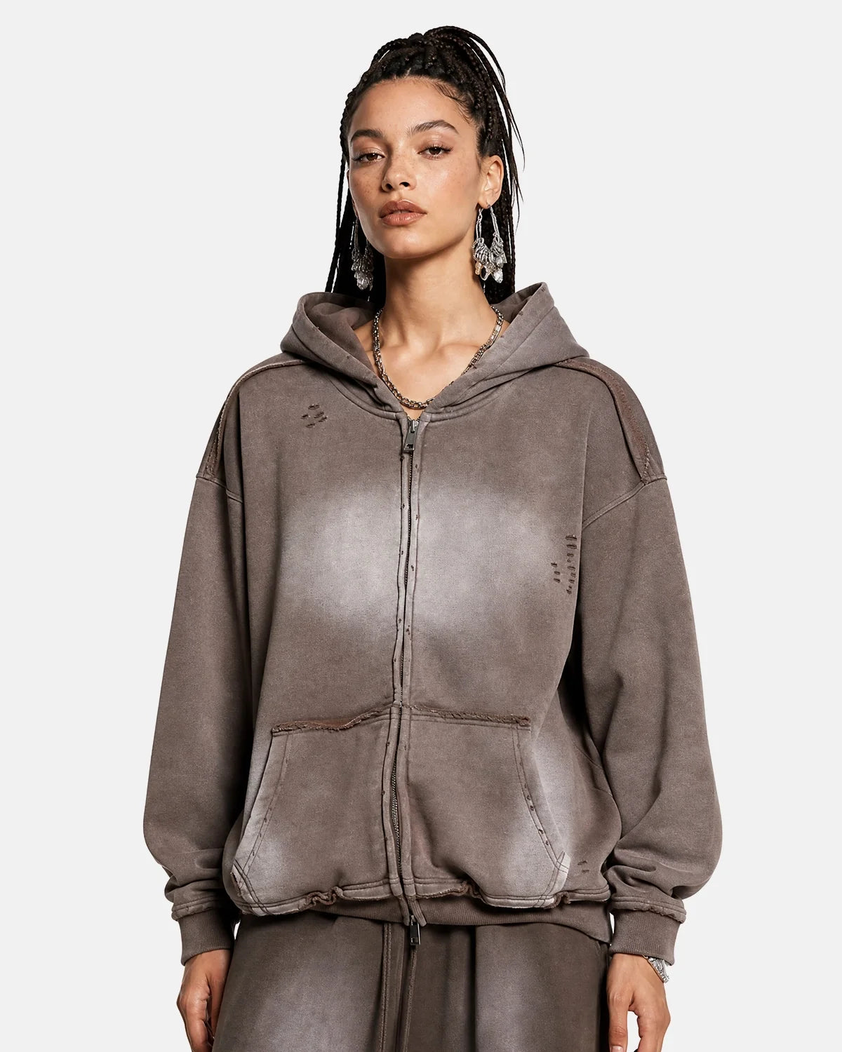 Sweat à capuche oversize zippé délavé et effet usé – vue 2