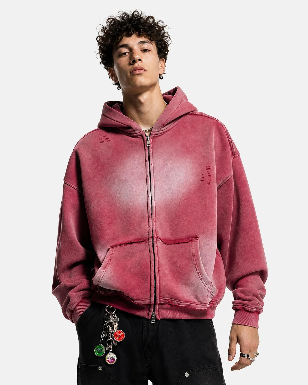 Sweat à capuche oversize zippé délavé et effet usé – vue 5