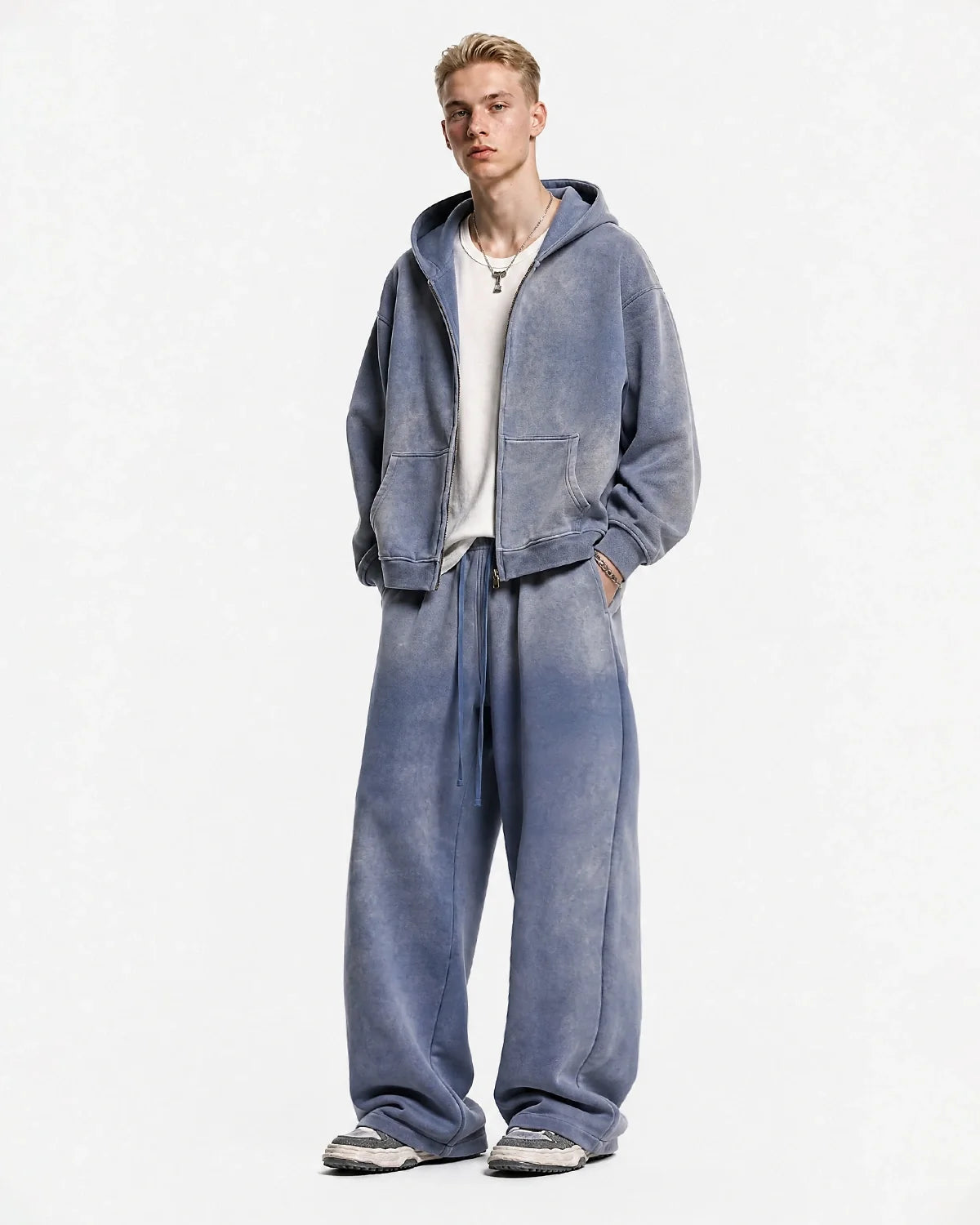 Sweat à capuche zippé uni délavé, coupe ample – vue 3