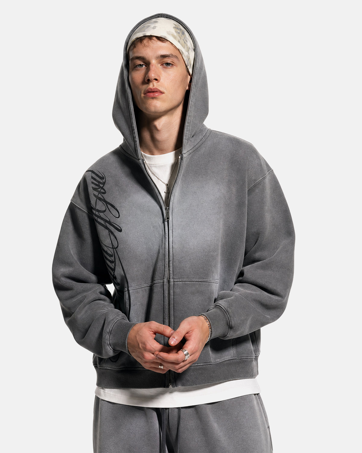 Sweat à capuche zippé délavé à motif latéral – vue 3