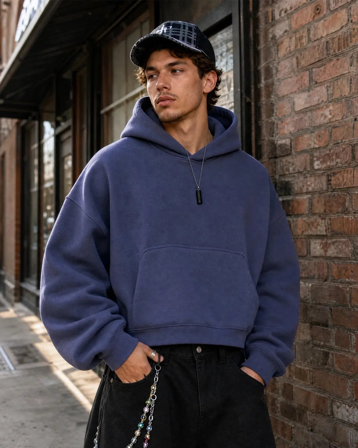 Sweat à capuche uni coupe boxy en molleton – vue 3