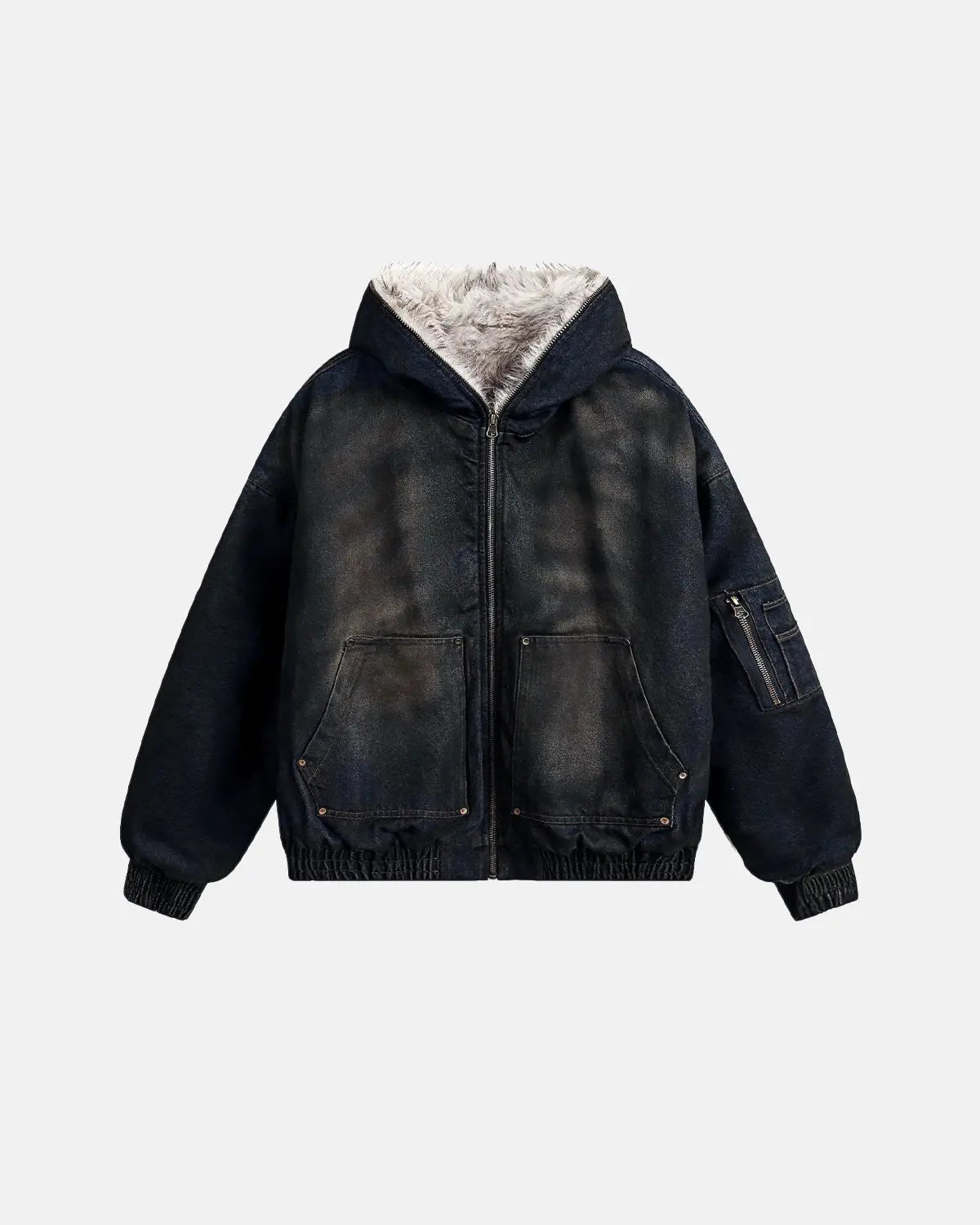 Blouson délavé à capuche bordée de fausse fourrure – vue 2