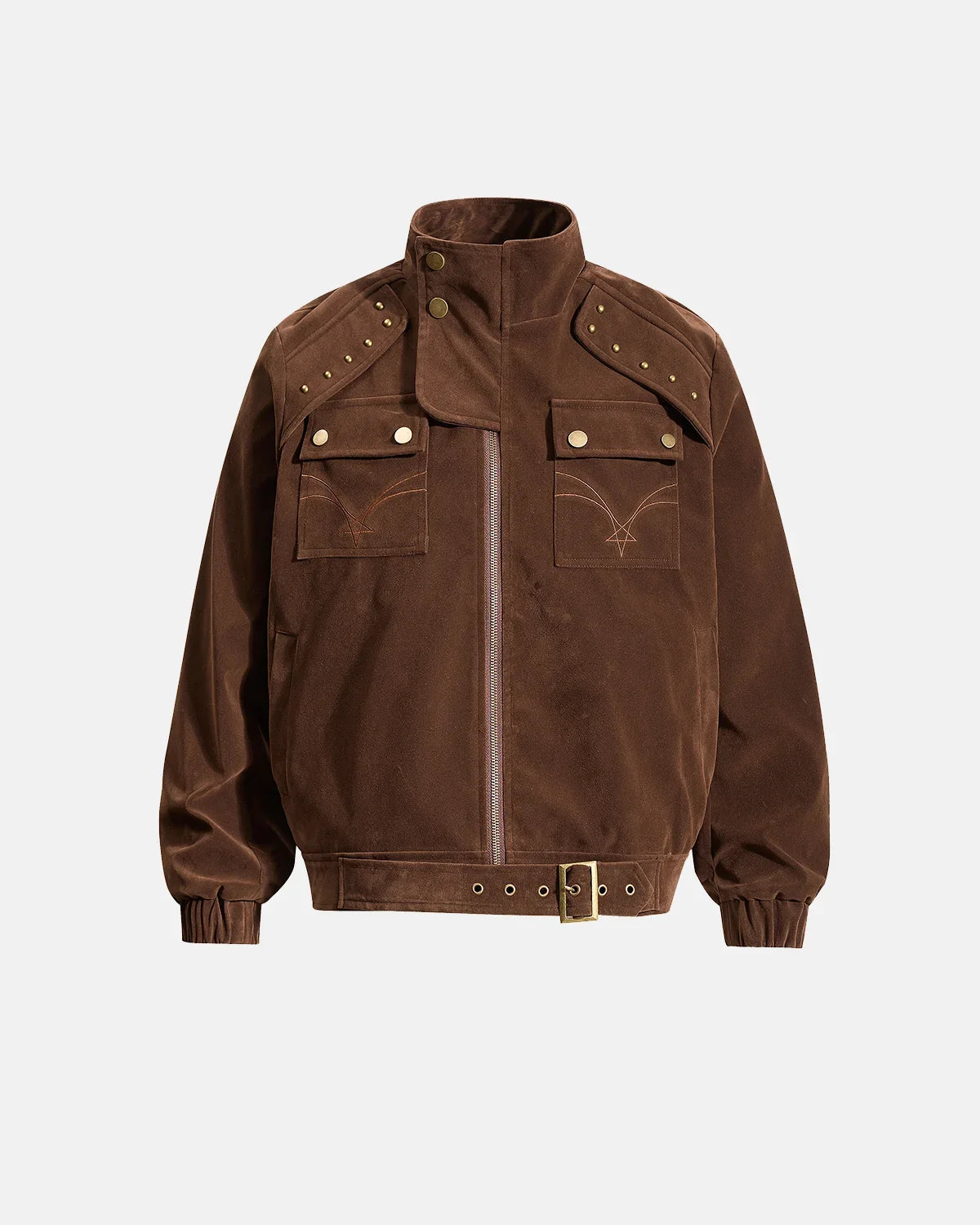 Blouson marron effet suédé à ceinture et clous – vue 1