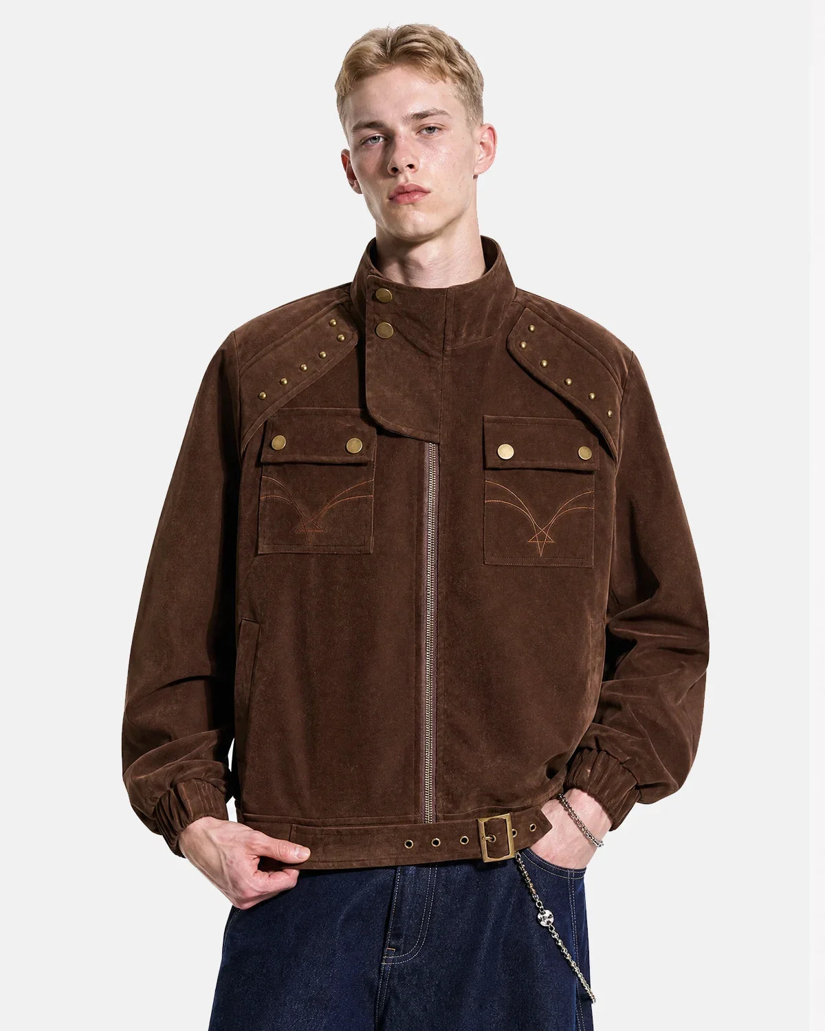 Blouson marron effet suédé à ceinture et clous – vue 3