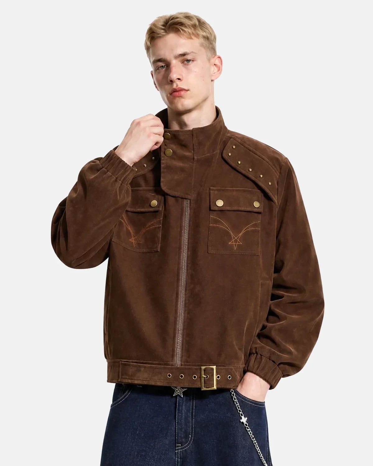 Blouson marron effet suédé à ceinture et clous – vue 4