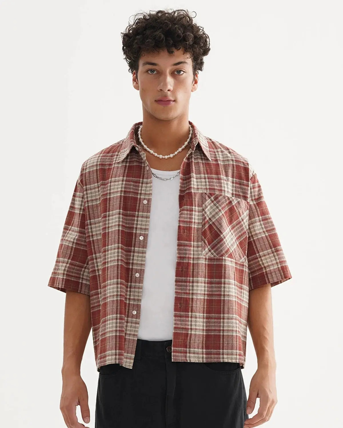 Chemise à carreaux manches courtes coupe boxy – vue 3