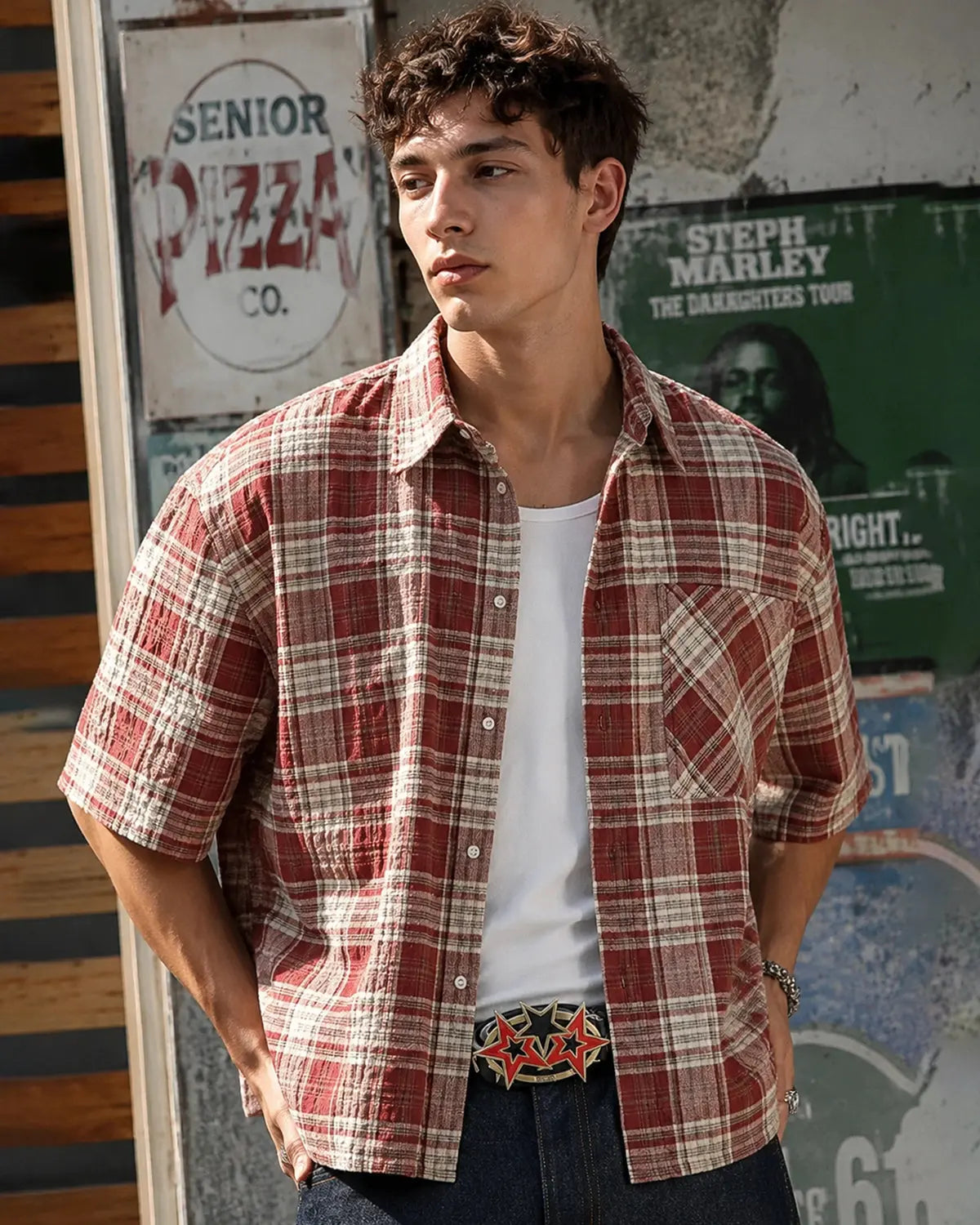 Chemise à carreaux manches courtes coupe boxy – vue 6