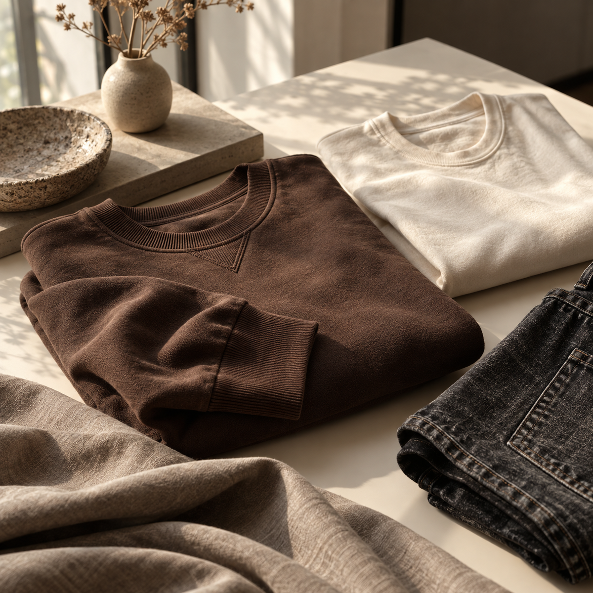 Composition de vêtements et textures dans des tons bruns, crème et denim.