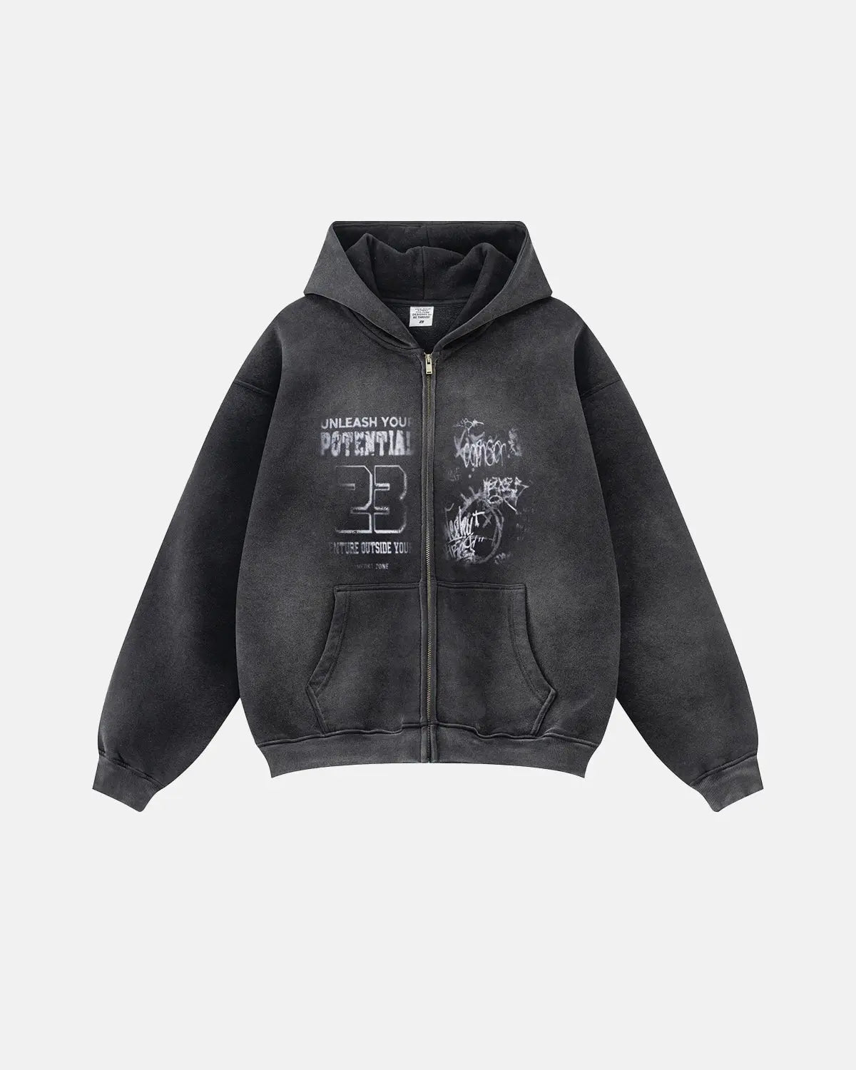 Sweat à capuche zippé délavé à motif typographique – vue 1