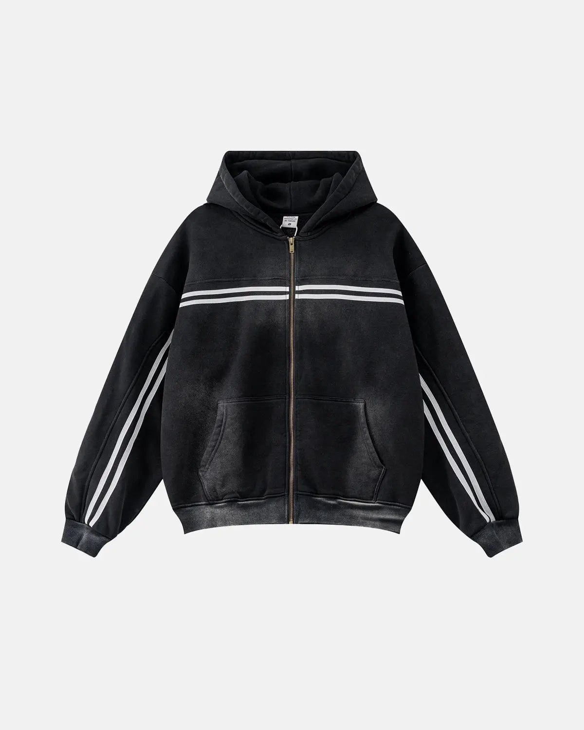 Sweat à capuche zippé noir délavé à bandes – vue 1