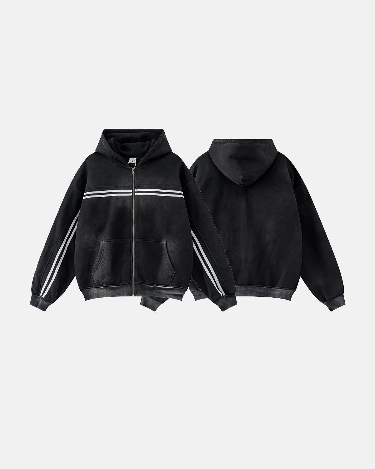 Sweat à capuche zippé noir délavé à bandes – vue 4