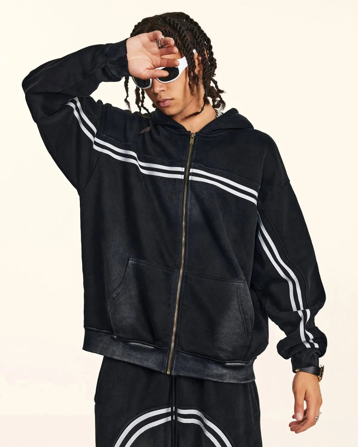 Sweat à capuche zippé noir délavé à bandes – vue 5