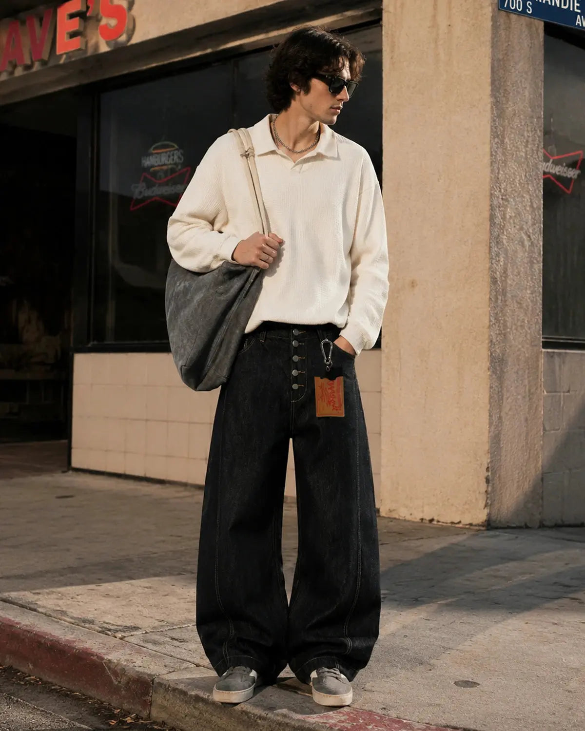 Jean baggy noir à boutons, coupe barrel – vue 6