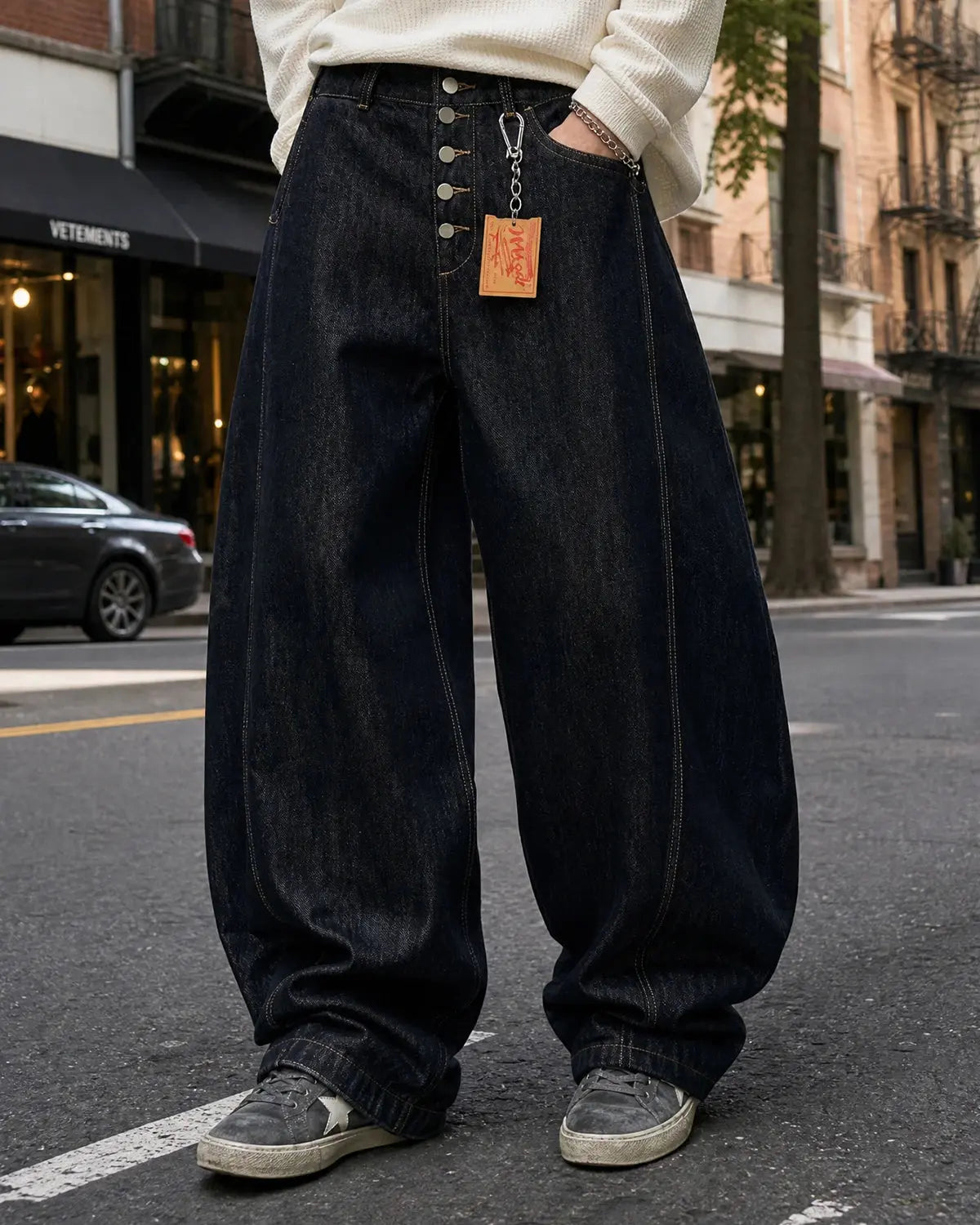 Jean baggy noir à boutons, coupe barrel – vue 7