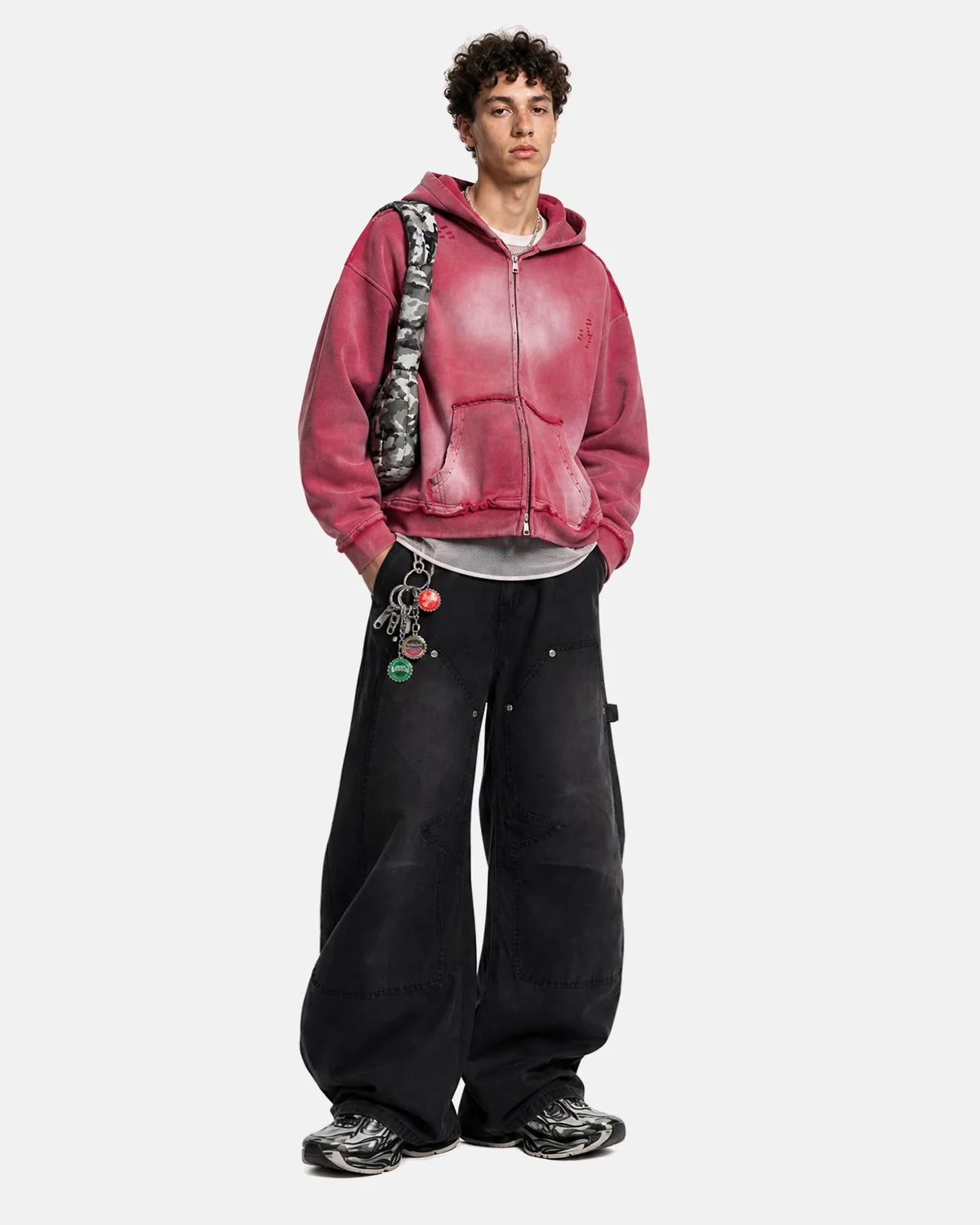 Sweat à capuche oversize zippé délavé et effet usé – vue 4