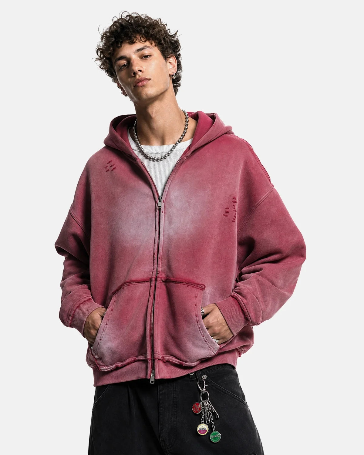 Sweat à capuche oversize zippé délavé et effet usé – vue 6