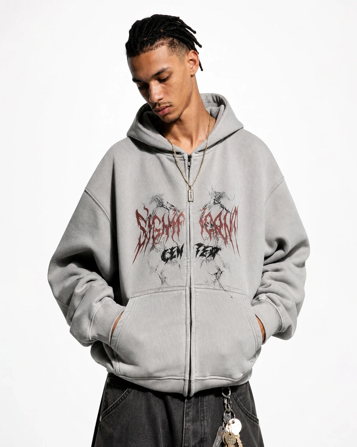 Sweat à capuche zippé à imprimé graphique délavé – vue 2