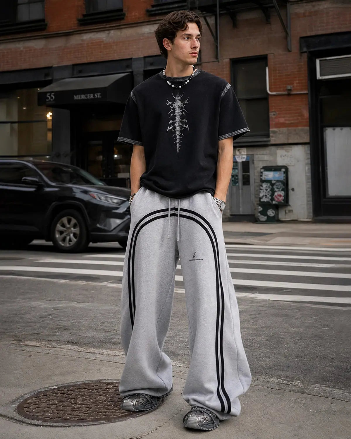 Pantalon de jogging large en coton à bandes courbes – vue 3