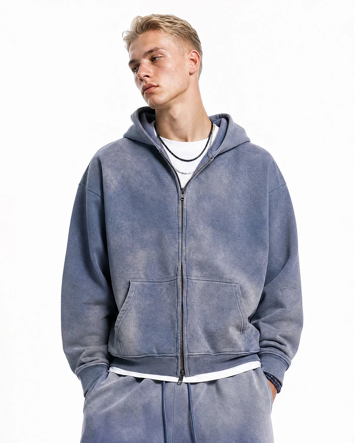 Sweat à capuche zippé uni délavé, coupe ample – vue 2