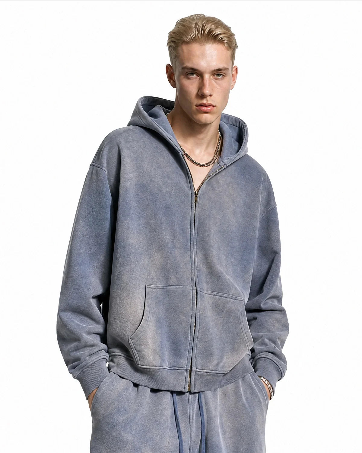 Sweat à capuche zippé uni délavé, coupe ample – vue 5