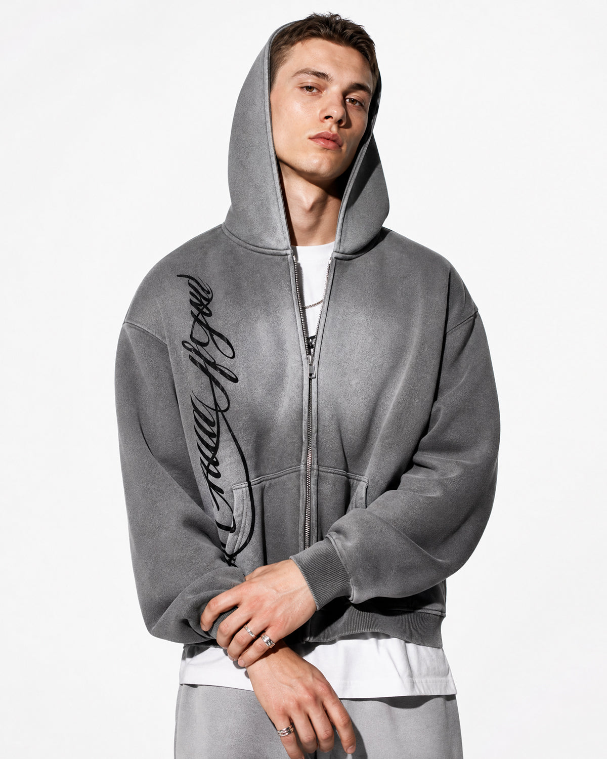 Sweat à capuche zippé délavé à motif latéral – vue 2