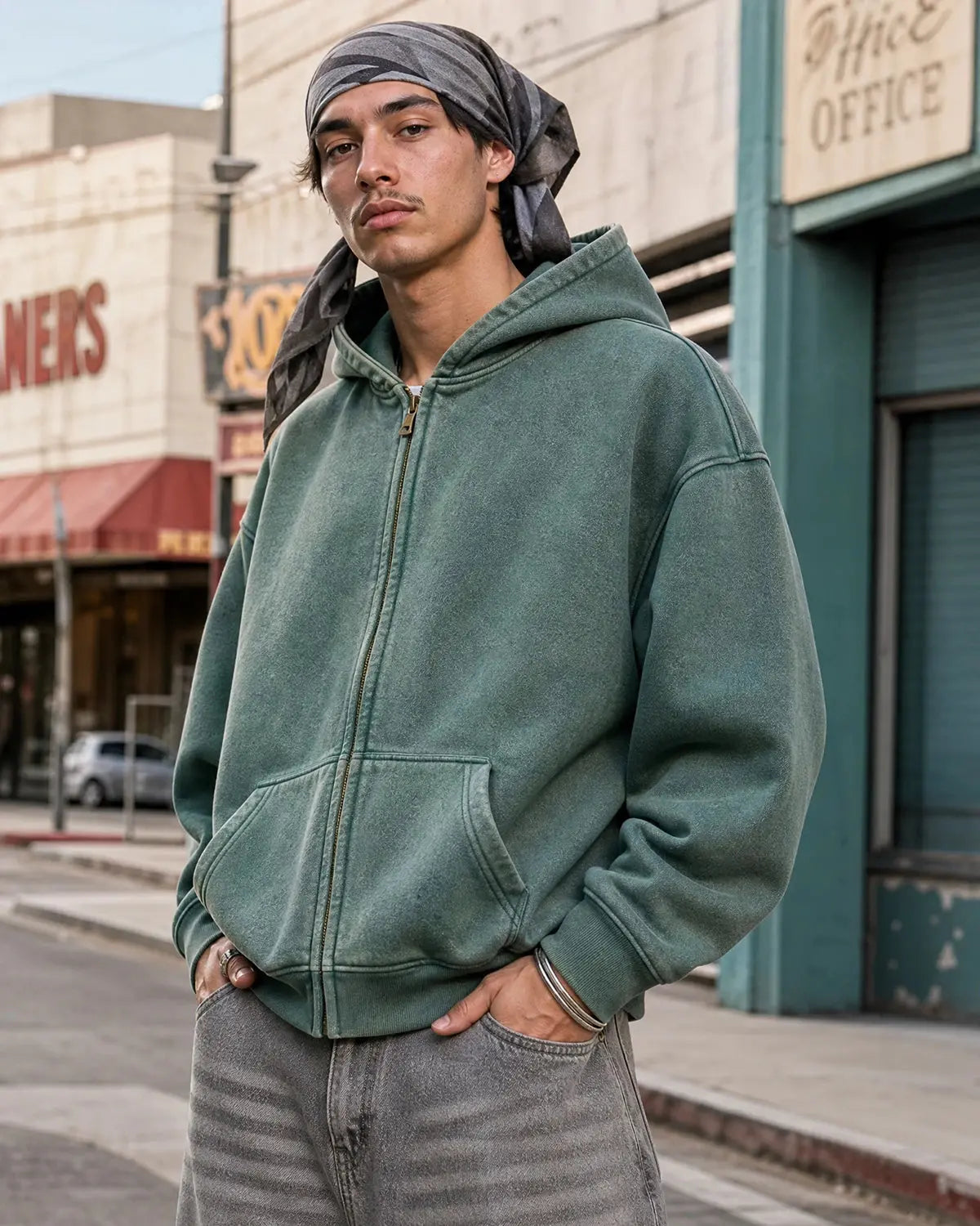 Sweat à capuche zippé délavé à finitions usées – vue 3