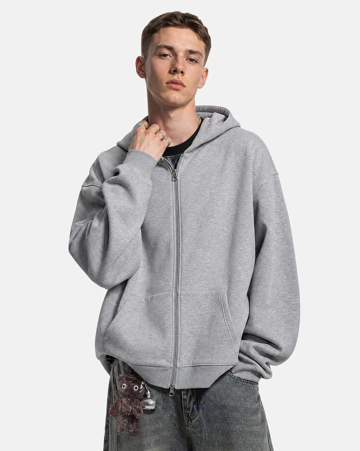 Sweat à capuche zippé uni coupe ample – vue 3