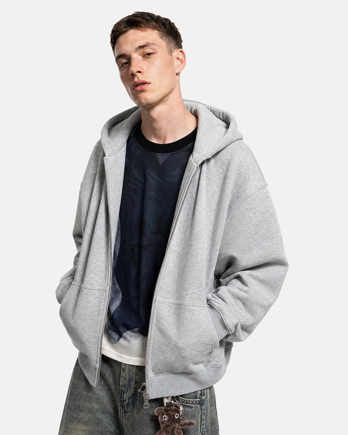 Sweat à capuche zippé uni coupe ample – vue 4