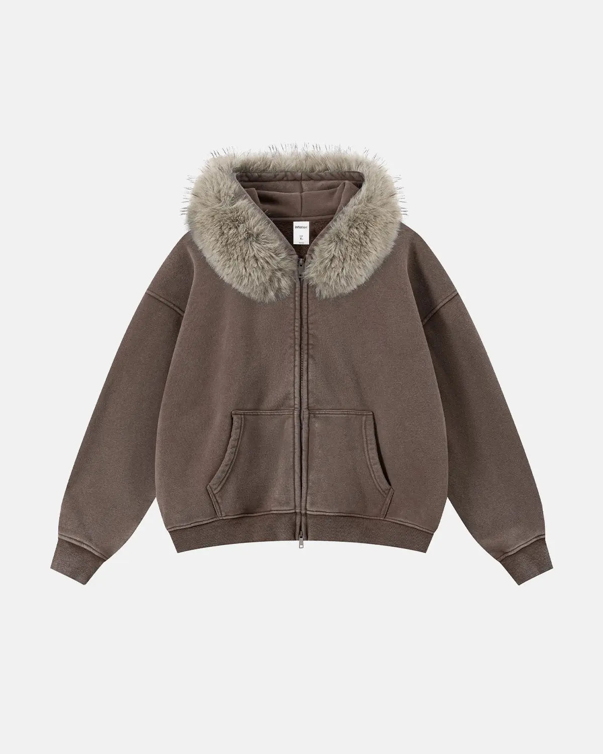 Sweat zippé délavé à capuche bordée de fausse fourrure – vue 1
