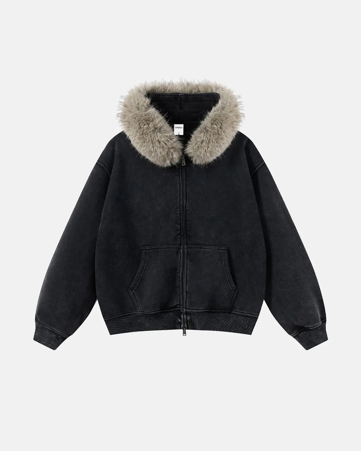Sweat zippé délavé à capuche bordée de fausse fourrure – vue 2