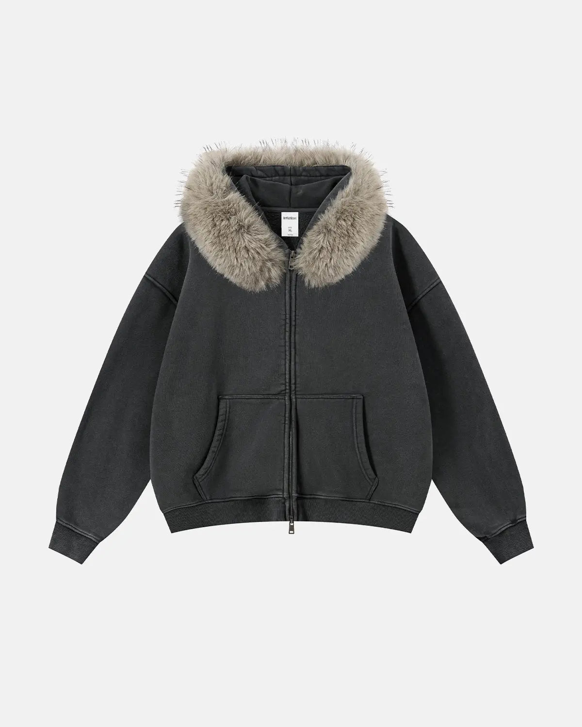 Sweat zippé délavé à capuche bordée de fausse fourrure – vue 7