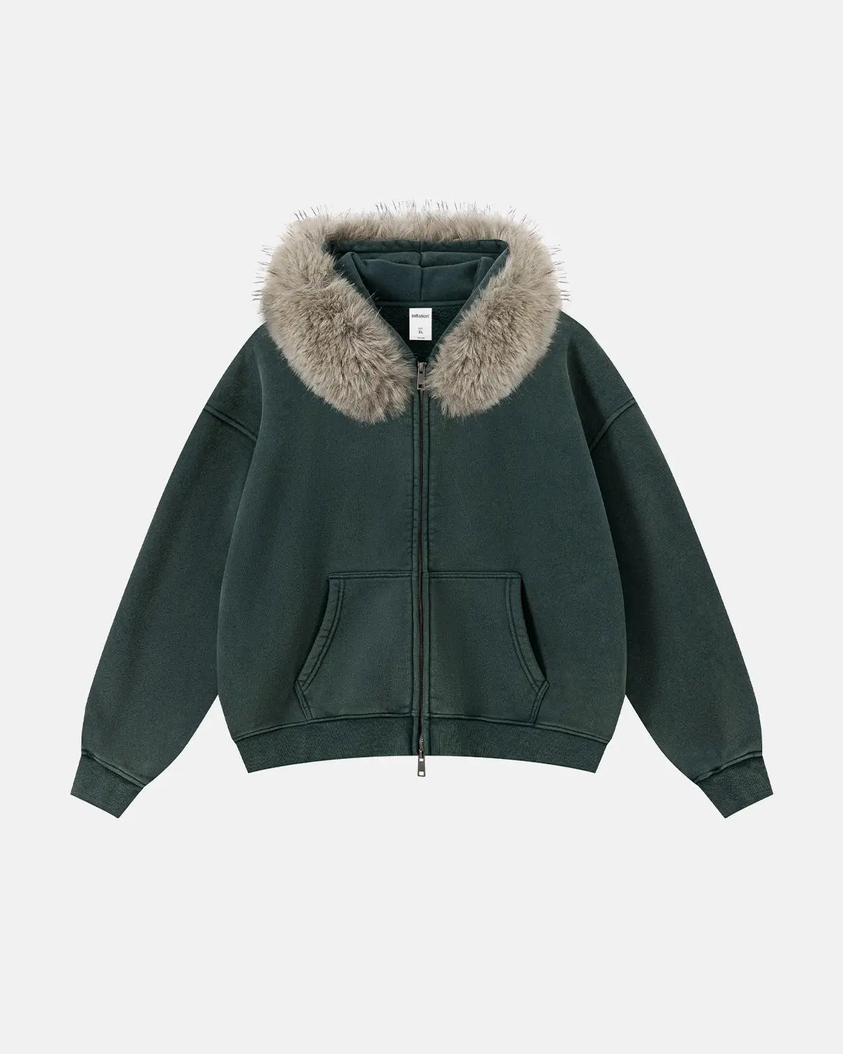 Sweat zippé délavé à capuche bordée de fausse fourrure – vue 8