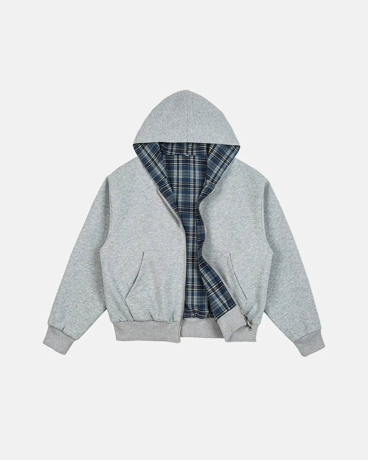 Sweat zippé réversible gris et à carreaux – vue 1